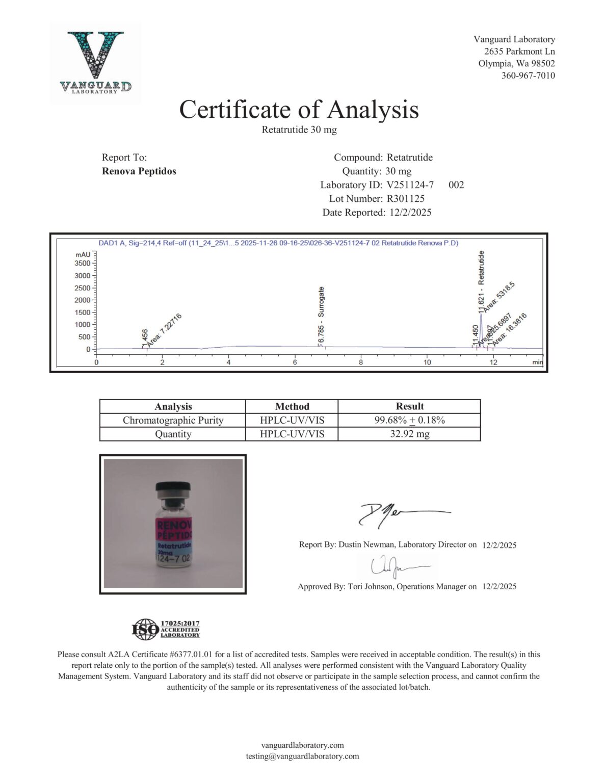 Certificate of Analysis (COA) Retatrutide 30mg